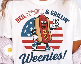 ¡Salchichas rojas, blancas y a la parrilla del 4 de julio! PNG, perrito caliente estadounidense divertido PNG, diseño de camiseta del Día de la Independencia, diseño retro patriótico americano PNG