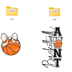 Op de afbeelding: Oranje basketbal met een witte strik. De afbeelding bevat ook de tekst "Basketball Aunt" in een verticaal ontwerp, met het woord "Aunt" in een blokletterstijl. De afbeelding is een digitaal ontwerp.