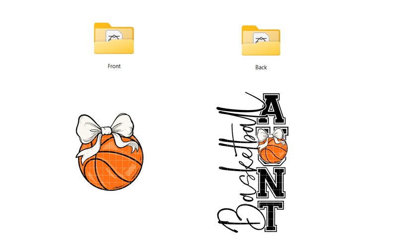 Op de afbeelding: Oranje basketbal met een witte strik. De afbeelding bevat ook de tekst "Basketball Aunt" in een verticaal ontwerp, met het woord "Aunt" in een blokletterstijl. De afbeelding is een digitaal ontwerp.