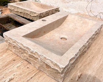 Lavabo moderno in marmo, lavabo in pietra naturale fatto a mano, lavabo da appoggio in travertino beige