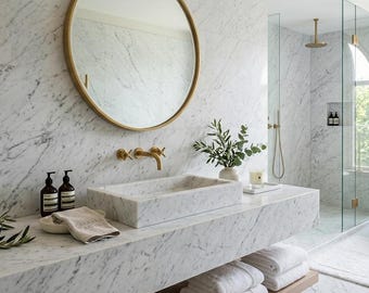 Carrara White, Carrara Marble Rectangular Vessel Sink, Handcrafted Natural Stone Washbasin, Modern Minimalist Bathroom Vanity