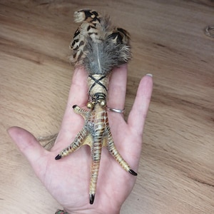 Op de afbeelding: Een unieke, handgemaakte bedel met een vogelpoot met veren en kleine belletjes. De poot is bruin en beige, met zwarte klauwen. De veren zijn bruin en grijs. De bedel is omwikkeld met touw.