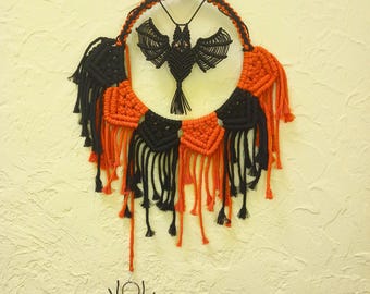 Arte de pared de murciélago en macramé: colgante gótico con collar de murciélago y araña desmontables