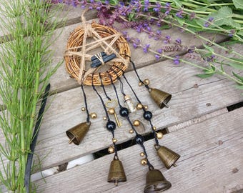 Witch Bells Door Hanger, Pentagram Wreath with Black Tourmaline, Wormwood Spell Jar