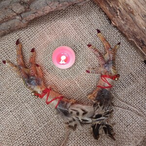 Op de afbeelding: Twee kippenpoten met rode accenten en kleine belletjes, gebonden met rood touw. Een kleine roze kaars staat tussen de poten. De poten liggen op een jute oppervlak.