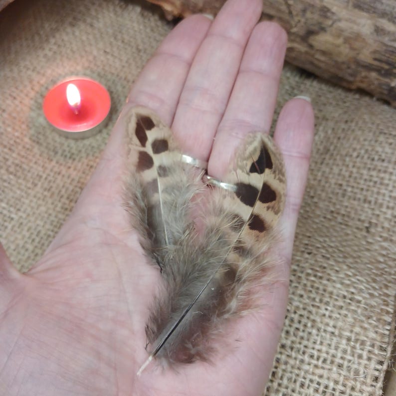 Op de afbeelding: Veer oorbellen met een zilveren ring. De oorbellen hebben bruine en beige veren met donkerbruine vlekken. Een hand houdt de oorbellen vast, met een brandende rode kaars op de achtergrond.