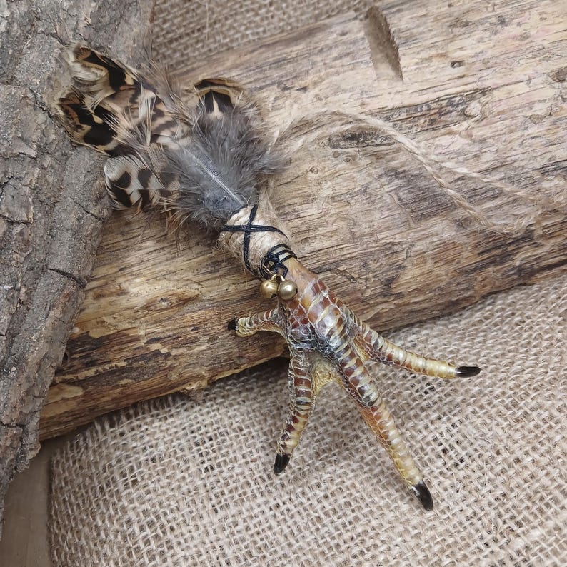 Op de afbeelding: Een unieke, handgemaakte bedel met een vogelpoot versierd met veren en kleine belletjes. De poot heeft natuurlijke bruine en beige tinten. De veren zijn een mix van grijs en bruin, wat een rustieke uitstraling geeft.