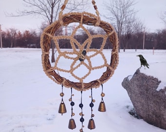 Willow Dreamcatcher & Witch Bells, Black Tourmaline Protection Wreath, Whimsigoth Door Hanger