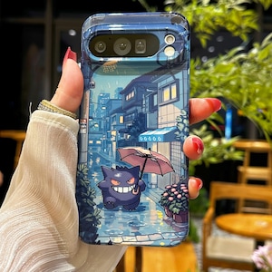 May include: A blue phone case featuring a pixelated illustration of a purple cartoon character holding an umbrella in a rainy street scene. The case has a glossy finish and a protective design.