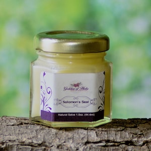 Puede incluir: Un pequeño frasco de vidrio con tapa dorada lleno de una pomada amarilla. La etiqueta dice "Goddess of Herbs" y "Solomon's Seal" con un diseño floral morado. El frasco está sentado en una rama de árbol marrón.