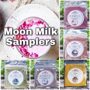 Moon Milk Sampler Pack, Sample Size, Serves 2, 7PK, Lavender Vanilla, Hibiscus Rose, Matcha Green Tea, Golden Milk, Hot Cacao, Butterfly Pea