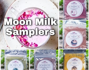 Paquete de muestra de leche de luna, tamaño de muestra, para 2 personas, paquete de 7, vainilla lavanda, rosa hibisco, té verde matcha, leche dorada, cacao caliente, guisante mariposa