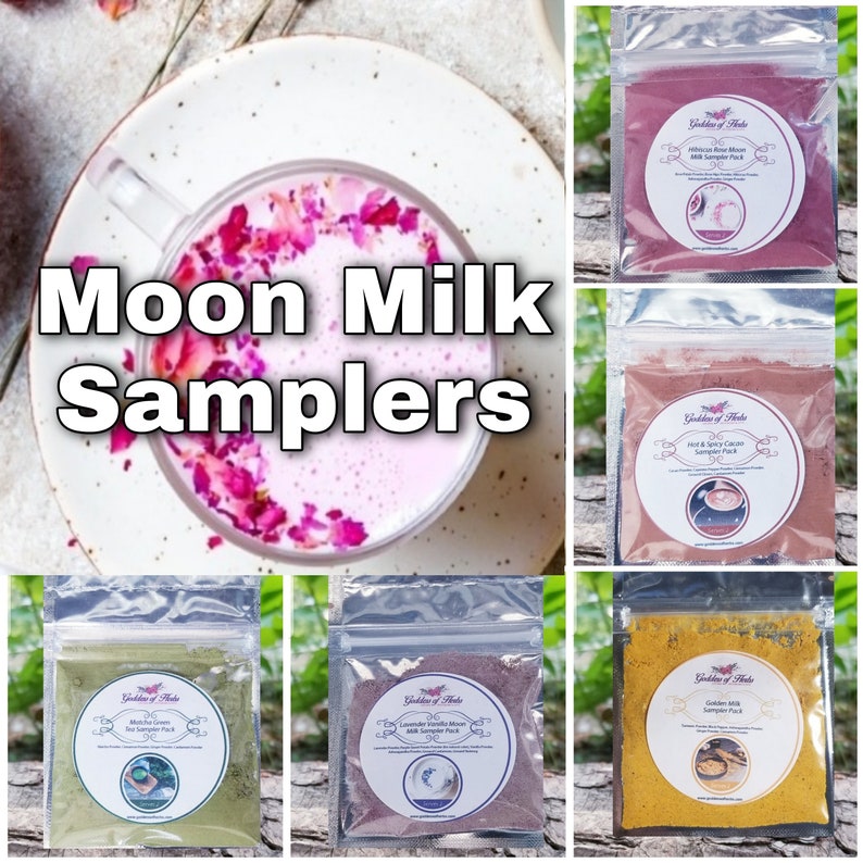 Moon Milk Sampler Pack, Sample Size, Serves 2, 7PK, Lavender Vanilla, Hibiscus Rose, Matcha Green Tea, Golden Milk, Hot Cacao, Butterfly Pea image 1
