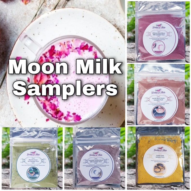 Mondmilch-Probepackung, Mustergröße, für 2 Personen, 7 PK, Lavendel-Vanille, Hibiskus-Rose, Matcha-Grüntee, goldene Milch, heißer Kakao, Schmetterlings-Erbse