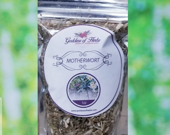 May include: A clear plastic bag filled with dried Motherwort herb. The bag has a white label with the text "Goddess of Herbs" and "MOTHERWORT" in black text. The label also includes a small image of a flower and the text "1 oz" and "www.goddessofherbs.com".