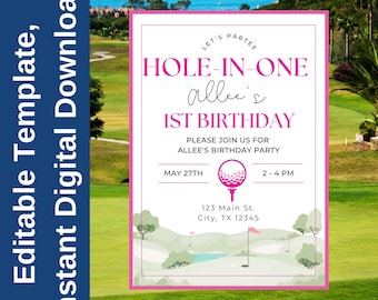 Pink Golf 1st Birthday Invitation: Hole in One, Editable Canva Template (Digital Download)