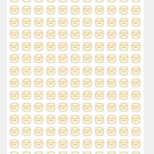 May include: A sheet of 100 round, yellow, "Gluten Free" stickers with a white background.