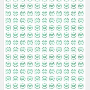 May include: A sheet of 100 round green stickers with the text "Gluten Free" in white.