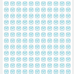 May include: A sheet of 100 blue and white round stickers that say "Gluten Free" in white text. The stickers are arranged in a grid pattern.