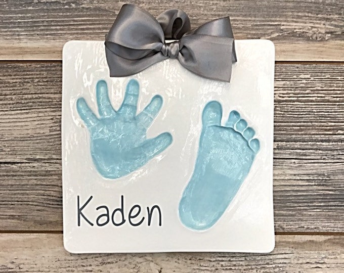 Baby Handprint and Footprint Ceramic Keepsake - Personalized with Name -  Baby Handprint Kit - Baby Gift