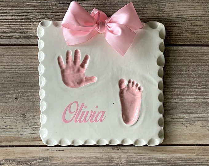 Baby Hand & Foot Ceramic Imprint Kit with Scalloped Border - Personalized with Name - Custom Gift - Handprint Footprint Art Keepsake