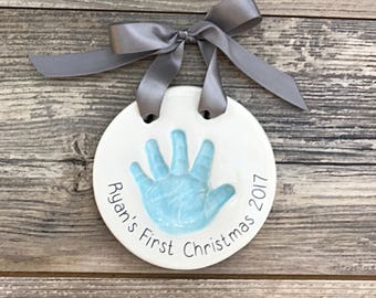 Baby's First Christmas Custom Ceramic Handprint Ornament - Personalized Newborn Ornament- Ceramic Handprint Kit - Toddler Handprint Art