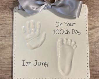 Hand & Footprint Ceramic Keepsake with Dot Border - Personalized Gift - Baby Handprint Kit - Toddler Handprint - Grandparent Gift