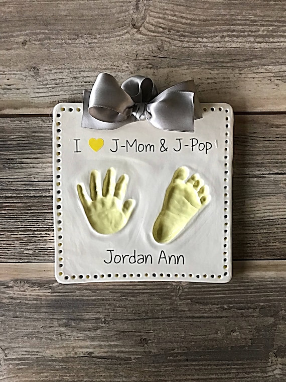 Hand & Footprint Ceramic Keepsake With Dot Border Personalized