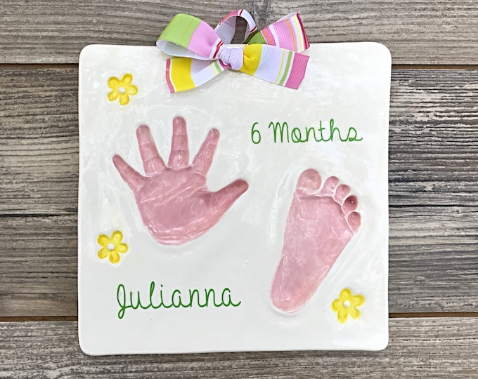 Baby Girl Handprint & Footprint Custom Ceramic Keepsake - Personalized Baby Gift - Baby Handprint Kit -