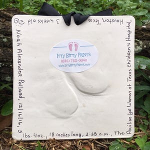 May include: White plaster handprint and footprint keepsake with a black ribbon. The inscription reads "Noah Alexander Pollard, 12/16/16, 5 lbs. 4 oz., 18 inches long, 2:38 a.m., The Pavilion for Women at Texas Children's Hospital, Houston, Texas 3 weeks old". The inscription is in black ink. A white sticker with the text "Itty Bitty Prints (832) 752-0040 www.ittybittyprints.com" is in the upper right corner.