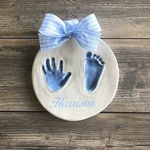 Baby boy&#39;s ceramic handprint and footprint impression keepsake at home kit