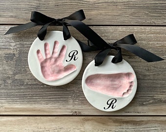 Baby Handprint & Footprint Monogrammed Ceramic Ornament Set: Custom First Christmas Keepsake