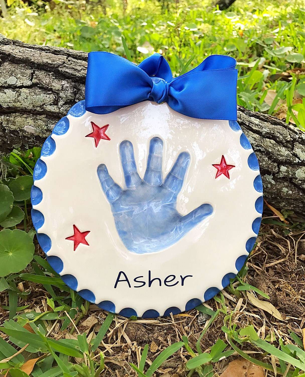 Personalized Ceramic Handprint Keepsake with Scalloped Border and Stars: Child's Birthday Gift