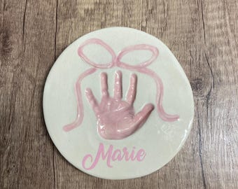 Baby Handprint Ceramic Keepsake: Pink Bow Nursery Decor