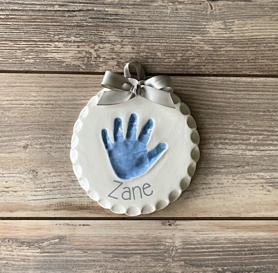 Baby Handprint Personalized Ceramic Ornament With Scalloped Border