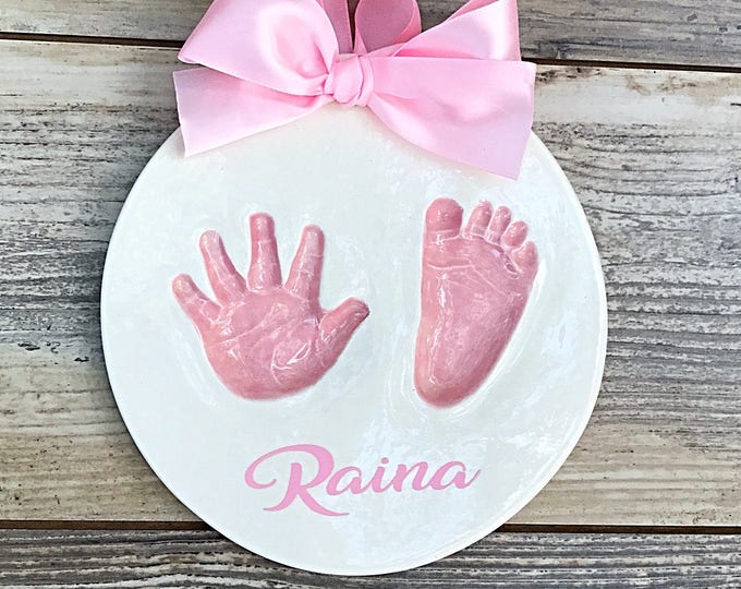 Baby girl's ceramic handprint and footprint impression keepsake at home kit