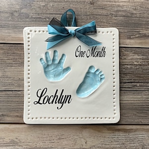 Baby&#39;s First Handprint & Footprint Ceramic Keepsake with Dot Border Personalized with Name and Age - Baby Handprint Kit - Custom Gift