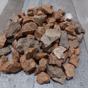 May include: A pile of various-sized rocks in shades of brown, gray, and tan. The rocks have rough, textured surfaces and irregular shapes. Some rocks appear wet or shiny. The rocks are scattered on a gray surface.