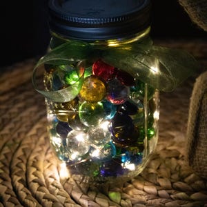 Mason Jar with Fairy Lights filled with Multi Colored Glass Pebbles