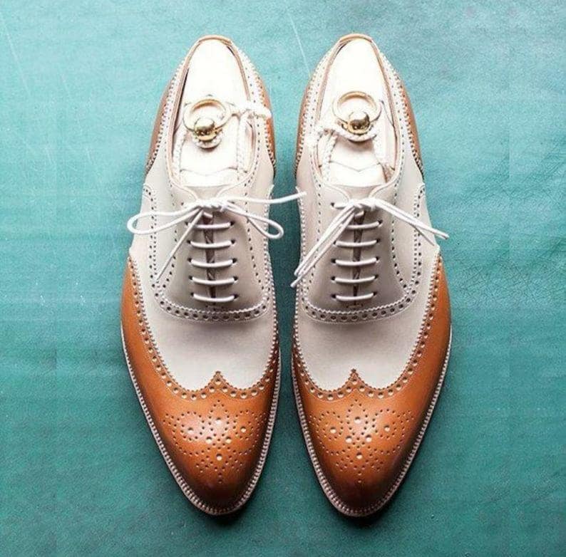 Men's Handmade Two tone Cream and Tan leather Oxford Brogue shoe, men's dress-up formal shoe, men's classy shoes.