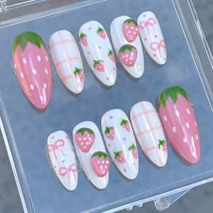 Pink strawberry fruit and bow picnic medium almond press on nails with 3D strawberries