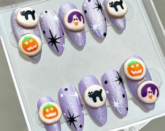 3D fall sugar cookies, Halloween, pumpkin medium almond press on nails