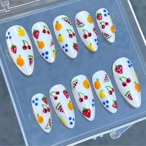 Fruit salad spring summer medium almond press on nails