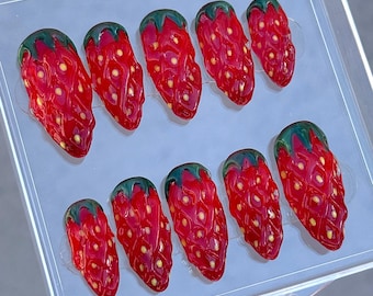 3D strawberry fruit spring, summer medium almond press on nails