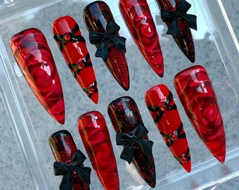 Lace and roses red and black gothic long stiletto press on nails with bows