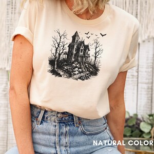 Vintage Haunted House Halloween Shirt - Spooky Gothic Mansion Tee with Bats, Retro Halloween Aesthetic, dark art shirt, horror movie shirt