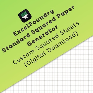 Può includere: Una grafica di prodotto digitale con uno sfondo verde lime e un'icona nera raffigurante una griglia e un'incudine. Il testo recita ExcelFoundry Standard Squared Paper Generator Custom Squared Sheets (Digital Download) su un motivo a griglia bianco.