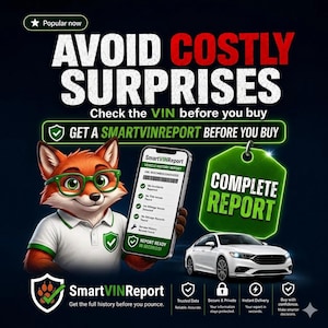 Peut inclure: Une publicité numérique pour SmartVINReport montrant un renard de dessin animé avec des lunettes vertes et un polo blanc tenant un smartphone affichant un rapport d'historique de véhicule. Texte : AVOID COSTLY SURPRISES et COMPLETE REPORT.