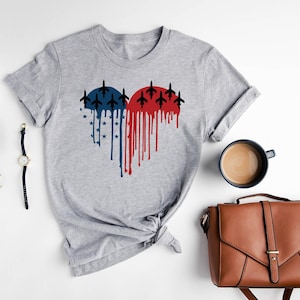 Patriotic Airplane Heart T-Shirt, USA Flag Aviation Tee, Military Air Force Graphic Shirt, Independence Day Gift, Aviation Lovers Casual Te