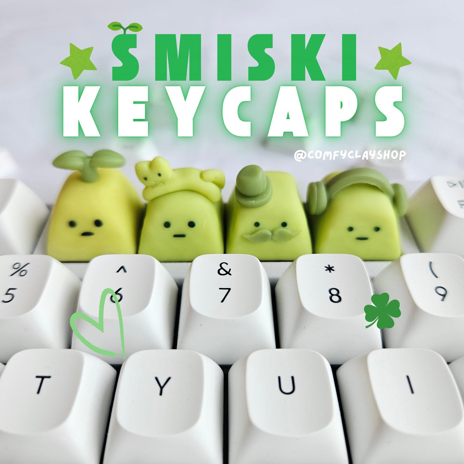 Handmade Polymer Clay Keycap, Green Plant Cat Headphones Artisan Keycap ...